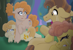 Size: 4278x2949 | Tagged: safe, artist:faitheverlasting, aunt orange, cinnamon pear, grand pear, pear butter, earth pony, pony, g4, angry, braid, crying, disowned, eyes closed, family, father and child, father and daughter, female, floppy ears, gritted teeth, headcanon, high res, looking at each other, looking at someone, lying down, male, mare, mother and child, mother and daughter, open mouth, pear family member, pear tree, pigtails, ponytail, prone, raised hoof, sad, siblings, sisters, stallion, story included, tears of anger, tears of sadness, teary eyes, teeth, tree, younger