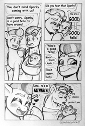 Size: 694x1024 | Tagged: safe, artist:pablosjuarez, hitch trailblazer, sparky sparkeroni, zipp storm, dragon, earth pony, pegasus, pony, g5, baby, baby dragon, blushing, comic, dialogue, female, heart, hitch is best dragon dad, male, papa hitch, ship:stormblazer, shipping, speech bubble, squishy cheeks, straight, text, the amazing world of gumball
