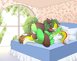 Size: 5000x4000 | Tagged: safe, artist:haruk, oc, oc only, oc:gumdrops, oc:matcha brewstar, earth pony, pegasus, pony, bed, cuddling, explicit source, eyes closed, nose to nose, pillow, window