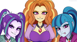 Size: 2304x1256 | Tagged: safe, artist:yussidian, adagio dazzle, aria blaze, sonata dusk, human, equestria girls, g4, my little pony equestria girls: rainbow rocks, breasts, cleavage, female, grin, looking at you, simple background, smiling, smiling at you, the dazzlings, tongue out, trio, trio female, white background