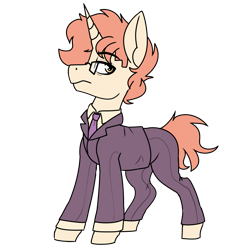 Size: 1743x1743 | Tagged: safe, artist:coatieyay, oc, oc only, oc:trouser minnow, pony, unicorn, clothes, glasses, necktie, simple background, solo, suit, transparent background