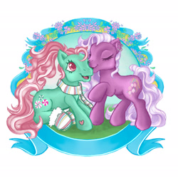 Size: 2048x2048 | Tagged: safe, artist:the-morphiend, minty, wysteria, earth pony, pony, g3, cheek kiss, clothes, duo, female, kissing, lesbian, mare, scarf, ship:mintsteria, shipping, simple background, white background