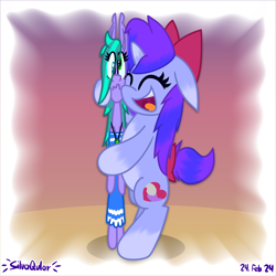 Size: 3148x3144 | Tagged: safe, artist:silvaqular, oc, oc:cyanette, oc:qular, earth pony, unicorn, achievement, belly, bipedal, bow, clothes, cuddling, dress, flat, flattened, gradient mane, hair bow, hair over one eye, heterochromia, hug, jewelry, multicolored hair, necklace, squeeze, squished, squishy, standing, tail, tail bow