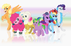 Size: 3248x2090 | Tagged: safe, artist:faitheverlasting, applejack, fluttershy, pinkie pie, rainbow dash, rarity, spike, twilight sparkle, changedling, changeling, dragon, griffon, hippogriff, kirin, pony, unicorn, yak, g4, beak, changedlingified, changelingified, cheek fluff, chest fluff, dragonified, fluttergriffon, gradient background, griffonized, grin, group shot, high res, hippogriffied, kirin rainbow dash, kirin-ified, looking at you, mane seven, mane six, open beak, open mouth, open smile, pigtails, pinkie yak, ponified, ponified spike, rainbow background, raised hoof, raridragon, reflection, reflective floor, smiling, smirk, species swap, tongue out, twiling, twintails, yakified