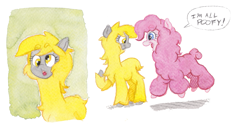 Size: 1393x695 | Tagged: safe, artist:lost marbles, derpy hooves, pinkie pie, alpaca, g4, alpacafied, dialogue, duo, simple background, species swap, speech bubble, traditional art, watercolor painting, white background