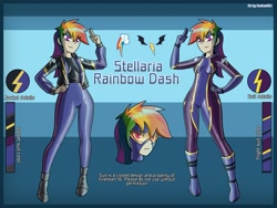 Size: 2500x1875 | Tagged: safe, artist:devillustart, rainbow dash, oc, oc:rainbow dash(prisoners of the moon), human, equestria girls, g4, clothes, fireheart76's latex suit design, freckles, gloves, humanized, humanized oc, latex, latex boots, latex gloves, latex jacket, latex suit, prisoners of the moon, reference sheet, rubber, rubber boots, rubber suit