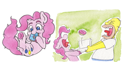 Size: 1391x702 | Tagged: safe, artist:lost marbles, pinkie pie, crossover, donut, food, homer simpson, the simpsons, traditional art, watercolor painting