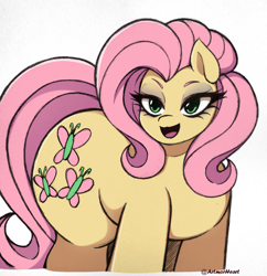 Size: 1933x2001 | Tagged: safe, alternate version, artist:artmorheart, fluttershy, earth pony, pegasus, pony, g4, adorasexy, chubby, cute, large butt, sexy, simple background, smiling, smugshy, solo, white background, wingless