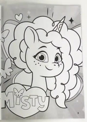 Size: 488x681 | Tagged: safe, misty brightdawn, butterfly, unicorn, g5, my little pony: tell your tale, official, 2d, coloring page, cute, heart, looking at you, merchandise, mistybetes, page, photo, smiling, smiling at you