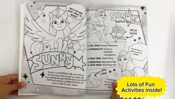 Size: 1280x720 | Tagged: safe, sunny starscout, alicorn, earth pony, g5, my little pony: tell your tale, official, 2d, book, coloring book, coloring page, flying, info, looking at you, merchandise, page, photo, profile, roller skates, skates, smiling, smiling at you, stars