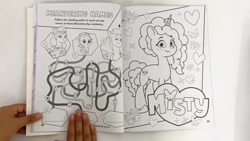 Size: 1280x720 | Tagged: safe, hitch trailblazer, misty brightdawn, sparky sparkeroni, sunny starscout, butterfly, dragon, earth pony, unicorn, g5, my little pony: tell your tale, official, 2d, book, coloring book, coloring page, cute, heart, looking at you, maze, merchandise, mistybetes, page, photo, smiling, smiling at you
