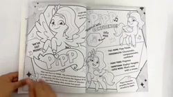 Size: 1280x720 | Tagged: safe, pipp petals, pegasus, g5, my little pony: tell your tale, official, 2d, adorapipp, book, coloring book, coloring page, crown, cute, flying, info, jewelry, looking at you, merchandise, page, photo, profile, regalia, smiling, smiling at you, standing
