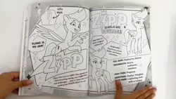 Size: 1280x720 | Tagged: safe, zipp storm, pegasus, g5, my little pony: tell your tale, official, 2d, adorazipp, book, coloring book, coloring page, cute, flying, info, looking at you, merchandise, page, photo, profile, smiling, smiling at you, standing