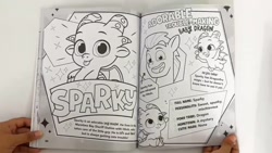 Size: 1280x720 | Tagged: safe, hitch trailblazer, sparky sparkeroni, dragon, earth pony, pony, g5, my little pony: tell your tale, official, 2d, baby, book, coloring book, coloring page, cute, info, jumping, looking at you, male, page, photo, profile, sitting, smiling, smiling at you, sparkybetes, stallion