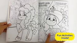 Size: 1280x720 | Tagged: safe, izzy moonbow, misty brightdawn, unicorn, g5, my little pony: tell your tale, official, 2d, book, bridlewood, coloring book, coloring page, cute, izzybetes, looking at you, merchandise, mistybetes, page, photo, shy, smiling, smiling at you