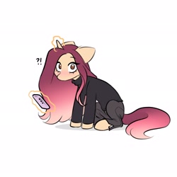 Size: 2048x2048 | Tagged: safe, artist:katputze, oc, oc only, oc:crimson sunset, pony, unicorn, cellphone, exclamation point, female, floppy ears, glowing, glowing horn, horn, interrobang, levitation, looking at you, magic, mare, phone, ponysona, question mark, simple background, sitting, smartphone, solo, telekinesis, white background