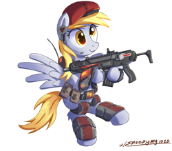 Size: 1600x1400 | Tagged: safe, artist:snoopymg1020, derpy hooves, pegasus, pony, g4, armor, armored pony, beret, carbine, female, gun, hat, mare, military, military pony, planetside, planetside 2, simple background, soldier, soldier pony, solo, terran republic, this will end in death, this will end in tears, this will end in tears and/or death, weapon, white background