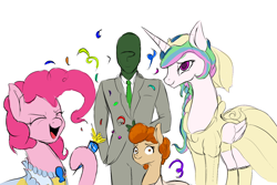 Size: 1500x1000 | Tagged: safe, anonymous artist, pinkie pie, princess celestia, oc, oc:anon, oc:hot-cross, alicorn, earth pony, human, pony, g4, clothes, simple background, white background