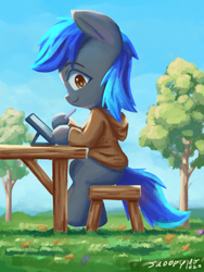 Size: 1620x2160 | Tagged: safe, artist:snoopymg1020, oc, oc only, oc:snoop, earth pony, pony, blue mane, brown eyes, clothed ponies, clothes, detailed background, gray coat, looking at you, male, ponysona, sitting, solo, stallion, table, tablet, tablet pen