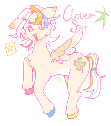 Size: 1500x1700 | Tagged: safe, artist:rulakkuma, oc, oc only, oc:clover star, pegasus, pony, beanbrows, bracelet, cheek fluff, chest fluff, colored eartips, colored eyebrows, colored hooves, colored wings, colored wingtips, ear tufts, eyebrows, hair accessory, hairpin, hooves, jewelry, looking at you, male, multicolored hair, multicolored hooves, multicolored tail, open mouth, open smile, pale belly, pegasus oc, pink text, ponysona, raised hooves, signature, simple background, smiling, smiling at you, solo, speech bubble, spread wings, stallion, tail, text, tied tail, unshorn fetlocks, white background, wings, yellow eyes