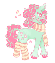 Size: 1500x1700 | Tagged: safe, artist:rulakkuma, minty, earth pony, pony, g3, alternate design, alternate hairstyle, alternate mane color, alternate tailstyle, beanbrows, blushing, clothes, colored eyebrows, colored hooves, colored pinnae, curly mane, curly tail, ear fluff, ear tufts, eyebrows, female, looking away, mare, open mouth, open smile, pink eyes, scarf, signature, simple background, smiling, socks, solo, splotches, standing, striped socks, tail, teeth, two toned mane, two toned tail, unshorn fetlocks, white background, wingding eyes