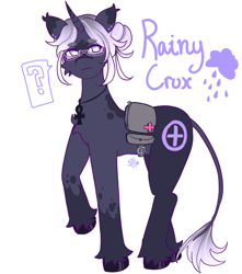 Size: 1500x1700 | Tagged: safe, artist:rulakkuma, oc, oc only, oc:rainy crux, pony, unicorn, ankh, beanbrows, coat markings, colored eartips, colored eyebrows, colored hooves, ear piercing, ear tufts, earring, eyebrows, eyebrows visible through hair, frown, glasses, hair bun, horn, jewelry, leonine tail, male, multicolored mane, multicolored tail, narrowed eyes, necklace, piercing, ponysona, pouch, raised hoof, shiny hooves, signature, simple background, solo, speech bubble, splotches, stallion, standing, tail, unicorn oc, white background