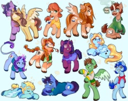 Size: 2048x1618 | Tagged: safe, artist:aloe_soda, oc, earth pony, pegasus, pony, unicorn, abigail (stardew valley), alex (stardew valley), angry, blazer, blushing, braid, clothes, coffee, coffee mug, crouching, elliott (stardew valley), emily (stardew valley), eyes closed, facial hair, female, glasses, haley (stardew valley), harvey (stardew valley), jacket, jewelry, leah (stardew valley), leonine tail, looking at you, lying down, magic, male, mare, maru (stardew valley), moustache, mouth hold, mug, necklace, nuzzling, paintbrush, penny (stardew valley), ponified, prone, rearing, sam (stardew valley), scowl, sebastian (stardew valley), shane (stardew valley), shipping, shirt, sitting, sleeping, smiling, smiling at you, spread wings, stallion, stardew valley, straight, stubble, tail, telekinesis, tongue out, varsity jacket, wings