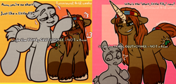 Size: 3508x1690 | Tagged: safe, artist:sexygoatgod, oc, oc only, oc:little bud, pony, unicorn, abdl, age regression, blushing, commission, female, foal, magic, revenge, role reversal, size difference, teasing, wip, ych sketch, younger, your character here