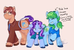 Size: 1375x929 | Tagged: safe, artist:aloe_soda, earth pony, pony, unicorn, abigail (stardew valley), caroline (stardew valley), clothes, eyes closed, family, father and child, father and daughter, female, glasses, husband and wife, jacket, lidded eyes, looking sideways, male, mare, mother and child, mother and daughter, pierre (stardew valley), ponified, shirt, smiling, stallion, stardew valley, text, tongue out, trio