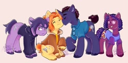 Size: 1670x824 | Tagged: safe, artist:aloe_soda, earth pony, pony, unicorn, brother and sister, cheek kiss, clothes, demetrius (stardew valley), eyes closed, family, father and child, father and daughter, father and son, female, glasses, hoodie, husband and wife, jacket, kissing, lidded eyes, looking back, male, mare, maru (stardew valley), mother and child, mother and daughter, mother and son, ponified, robin (stardew valley), sebastian (stardew valley), shirt, siblings, sitting, smiling, stallion, stardew valley