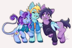 Size: 1468x978 | Tagged: safe, artist:aloe_soda, earth pony, pegasus, pony, unicorn, abigail (stardew valley), clothes, eyes closed, female, hoodie, hug, leonine tail, male, mare, ponified, sam (stardew valley), sebastian (stardew valley), shirt, smiling, spread wings, stallion, tail, trio, winghug, wings