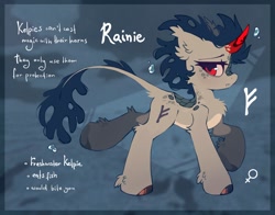 Size: 2300x1800 | Tagged: safe, artist:mirtash, oc, oc only, oc:rainie, kelpie, pony, unicorn, abstract background, adoptable, blue mane, blue tail, body freckles, border, chest fluff, colored hooves, colored horn, colored sclera, ear fluff, ear tufts, eyelashes, fangs, female, fetlock tuft, freckles, frown, horn, leg fluff, leonine tail, looking back, mare, pale belly, profile, raised hooves, red eyes, sad eyes, scales, shiny hooves, solo, standing, tail, text, unicorn oc, wingding eyes