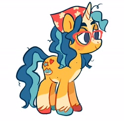 Size: 2048x1988 | Tagged: safe, artist:alexbeeza, oc, oc only, oc:silly scribbles, pony, unicorn, bandana, base used, beauty mark, blaze (coat marking), blushing, coat markings, colored hooves, colored horn, curly mane, curly tail, cyan hair, cyan mane, facial markings, glasses, hooves, horn, lidded eyes, looking down, multicolored hooves, pale belly, ponysona, purple eyes, simple background, smiling, tail, two toned mane, two toned tail, unicorn oc, white background