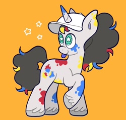 Size: 2048x1944 | Tagged: safe, artist:alexbeeza, oc, oc only, oc:jawbreaker, pony, unicorn, baseball cap, blue tongue, cap, colored hooves, colored pinnae, commission, curly mane, curly tail, cyan eyes, hat, horn, looking back, male, multicolored mane, multicolored tail, orange background, paint on fur, paint splatter, raised hoof, simple background, smiling, solo, stallion, standing, starry eyes, stars, tail, tongue out, unicorn oc, unshorn fetlocks, wingding eyes