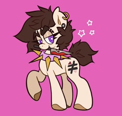 Size: 2048x1944 | Tagged: safe, artist:alexbeeza, oc, oc only, oc:allicoot, earth pony, pony, bags under eyes, blood, collar, colored eyebrows, colored hooves, colored pinnae, commission, ear piercing, earring, eyebrow slit, eyebrows, fangs, jewelry, knife, lidded eyes, looking back, messy mane, messy tail, mouth hold, narrowed eyes, piercing, pink background, purple eyes, raised hoof, short mane, short tail, simple background, smiling, solo, spiked collar, standing, starry eyes, stars, tail, wingding eyes
