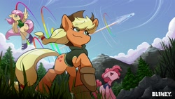 Size: 3200x1800 | Tagged: safe, artist:bl1nky, applejack, fluttershy, pinkie pie, rainbow dash, earth pony, pegasus, pony, g4, clothes, cloud, cowboy hat, eye clipping through hair, eyebrows, eyebrows visible through hair, female, flying, grass, hat, hoodie, mare, mountain, raised hoof, shoes, sky, smiling, sonic rainboom, spread wings, stetson, tree, wings