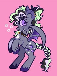 Size: 1536x2048 | Tagged: safe, artist:alexbeeza, oc, oc only, oc:cryptid, bat pony, pony, bat pony oc, bell, bell collar, braid, braided tail, coat markings, collar, colored eyebrows, colored hooves, colored pinnae, colored sclera, colored wings, commission, ear piercing, earring, eyebrow piercing, fangs, jewelry, looking back, multicolored mane, multicolored tail, multicolored wings, nose piercing, piercing, pink background, ponysona, purple eyes, simple background, smiling, solo, spiked collar, standing, stars, tail, tied tail, unshorn fetlocks, wingding eyes, wings