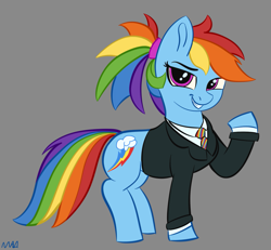 Size: 1301x1200 | Tagged: safe, artist:maonyman, rainbow dash, pegasus, pony, g4, business suit, clothes, drawthread, female, gray background, looking at you, mare, necktie, ponytail, raised hoof, simple background, smiling, smirk, smug, solo, suit