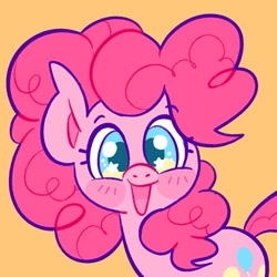 Size: 2048x2048 | Tagged: safe, artist:alexbeeza, pinkie pie, earth pony, pony, g4, big ears, blue eyes, blushing, colored pinnae, curly mane, eyebrows, eyebrows visible through hair, eyelashes, female, looking at you, mare, open mouth, open smile, orange background, pink mane, pink tail, simple background, smiling, smiling at you, solo, starry eyes, tail, wingding eyes