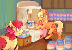 Size: 3406x2372 | Tagged: safe, artist:urbanqhoul, apple bloom, applejack, earth pony, pony, fanfic:an apple sleep experiment, g4, apple, apple sisters, duo, duo female, female, filly, foal, food, frown, high res, jam, jar, kitchen, mare, mouth hold, redraw, siblings, sisters, stove, zap apple, zap apple jam