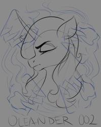 Size: 643x808 | Tagged: safe, artist:poxy_boxy, oleander (tfh), unicorn, them's fightin' herds, bust, community related, eyes closed, female, frown, grayscale, mare, monochrome, name, sketch, solo, wip