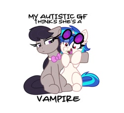 Size: 1478x1349 | Tagged: safe, artist:lbrcloud, dj pon-3, octavia melody, vinyl scratch, earth pony, pony, undead, unicorn, vampire, g4, autism, cute, duo, duo female, fake teeth, fangs, female, glasses, glasses on head, imminent biting, lesbian, octavia is not amused, open mouth, open smile, ship:scratchtavia, shipping, simple background, sitting, smiling, text, unamused, vinyl the vampire, white background