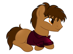 Size: 700x521 | Tagged: safe, artist:howie, oc, oc only, oc:revol sparks, earth pony, pony, adult blank flank, blank flank, brown eyes, brown fur, brown mane, brown tail, clothes, crossed hooves, earth pony oc, happy, lying down, male, male oc, mane, pony oc, prone, short mane, short tail, show accurate, simple background, smiling, solo, stallion, stallion oc, tail, white background