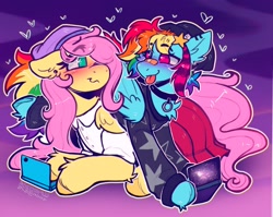 Size: 2048x1631 | Tagged: safe, artist:yumkandie, fluttershy, rainbow dash, pegasus, pony, g4, 3ds, bandaid, bandaid on nose, beanie, blushing, chest fluff, choker, commission, duo, female, gradient background, hat, heart, heart eyes, lesbian, looking at each other, looking at someone, mare, ship:flutterdash, shipping, smiling, smiling at each other, tongue out, wingding eyes