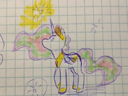 Size: 2048x1542 | Tagged: safe, artist:enjoy_mayer, princess celestia, alicorn, pony, g4, cute, folded wings, graph paper, irl, looking at something, looking up, marker drawing, no mouth, paper, pen drawing, photo, raised hoof, solo, sun, traditional art, wings