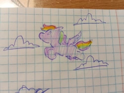 Size: 2048x1542 | Tagged: safe, artist:enjoy_mayer, rainbow dash, pegasus, pony, g4, cloud, flying, graph paper, irl, no mouth, paper, photo, solo, spread wings, traditional art, wings