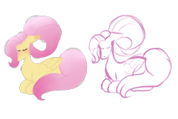 Size: 2497x1668 | Tagged: safe, artist:shqnnyhere, fluttershy, pegasus, pony, g4, alternate hairstyle, blushing, comparison, ear blush, eyes closed, lying down, ponyloaf, prone, simple background, sketch, solo, transparent background