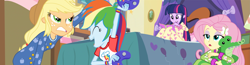 Size: 3323x859 | Tagged: safe, composite screencap, edit, edited screencap, screencap, applejack, fluttershy, gummy, rainbow dash, twilight sparkle, human, equestria girls, g4, my little pony equestria girls: rainbow rocks, angry, applejack's hat, bed, clothes, controller, cowboy hat, female, footed sleeper, footie pajamas, hat, onesie, pajamas, pen, pinkie's room, plushie, sleepover, slumber party