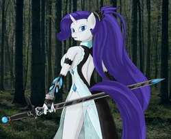 Size: 2500x2030 | Tagged: safe, artist:annonymouse, rarity, anthro, g4, alternate hairstyle, backless, clothes, dress, female, fingerless gloves, gloves, high res, looking back, ponytail, see-through, side slit, solo, sword, total sideslit, weapon
