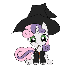 Size: 1015x918 | Tagged: safe, artist:annonymouse, sweetie belle, pony, unicorn, g4, crossover, cute, diasweetes, fanfic art, female, filly, foal, gryffindor, harry potter (series), hat, magic wand, mouth hold, simple background, sitting, solo, white background, witch hat